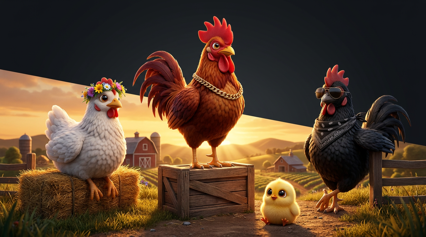 The BROOD founding flock — a crowned hen, a champion rooster with a gold chain, a masked rooster and one very round chick